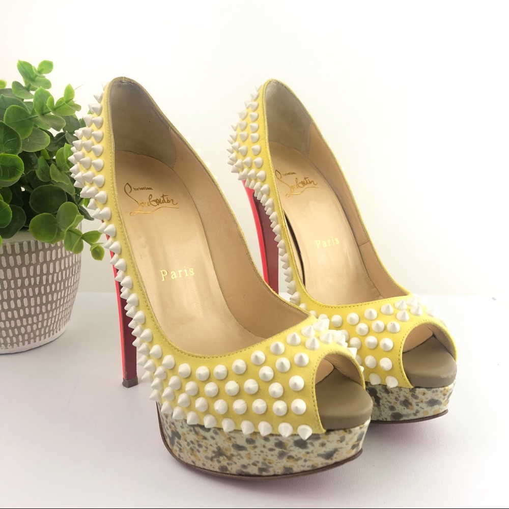 Christian Louboutin Suede Lady Peep Spikes Platform Open Toe Heels Sz 36…